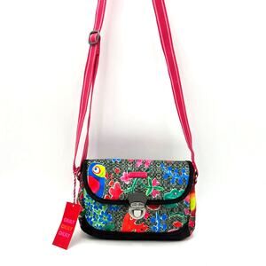 Oilily Small Shoulder Bag Crossbody Floral Print Vegan Colorful Gray Fabric